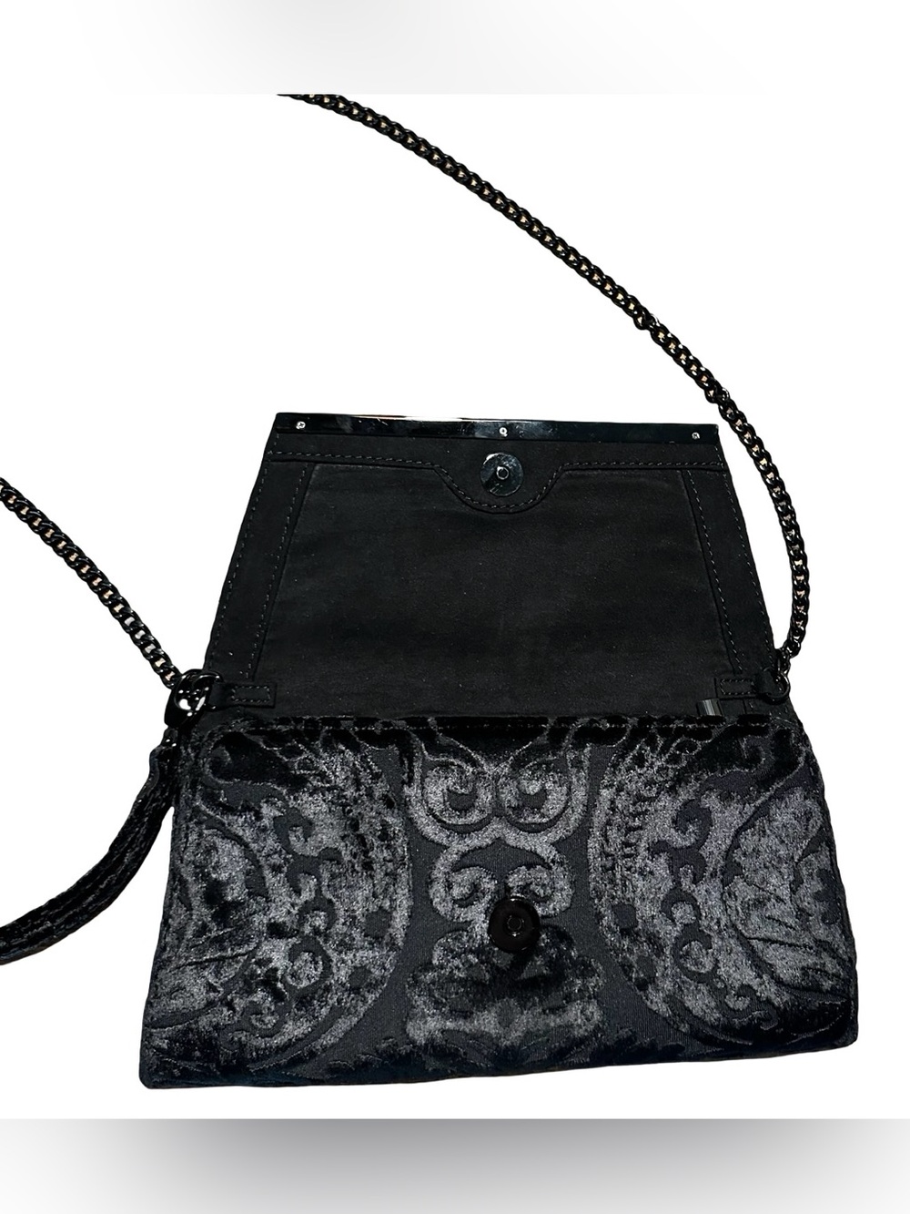 White House Black Market Black Velvet Snap Clutch with Metal Chain Baroque - Picture 6 of 10